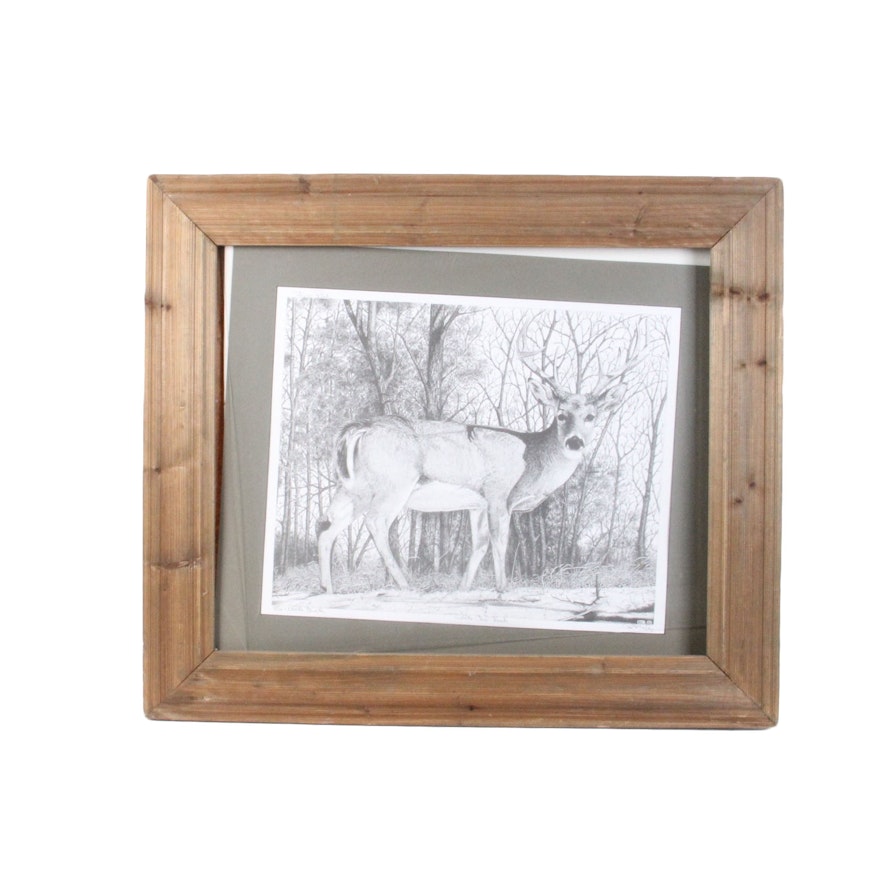 Original Signed "White-Tailed Buck" Ink Drawing by Texas Artist Ric Marley