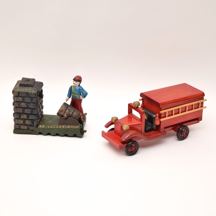 Cast Iron Artillery Coin Bank and Handmade Wood Fire Truck