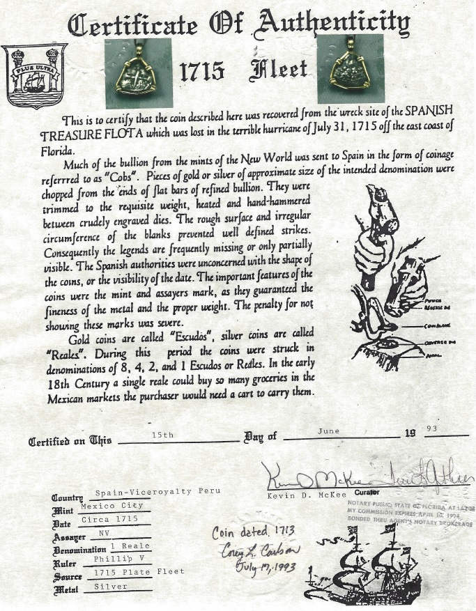 1715 Spanish Treasure Fleet Coin Pendant