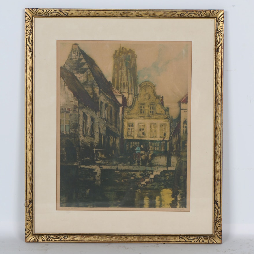 R. Migini Townscape Framed Lithograph