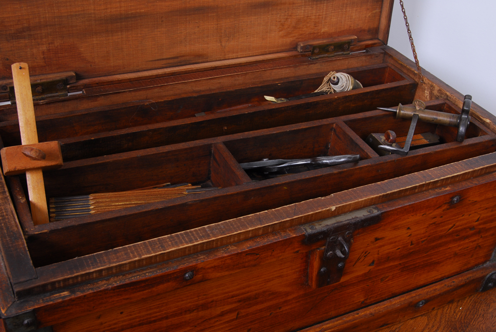 Wood Chest with Antique Drafting Tools
