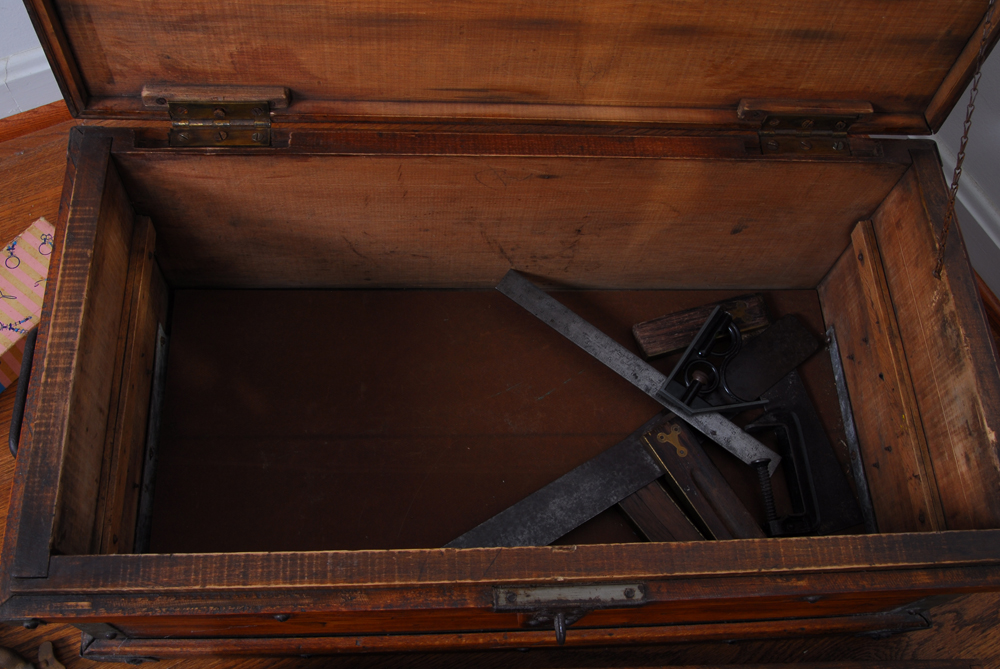 Wood Chest with Antique Drafting Tools