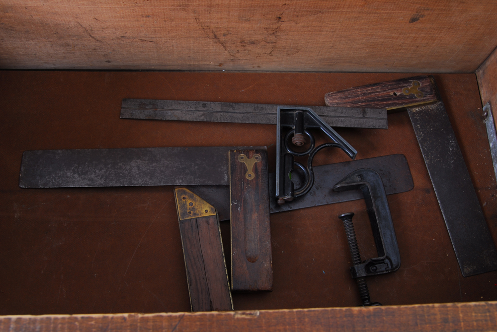 Wood Chest with Antique Drafting Tools
