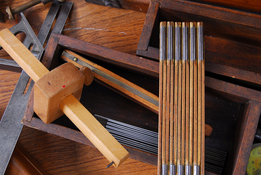 Wood Chest with Antique Drafting Tools