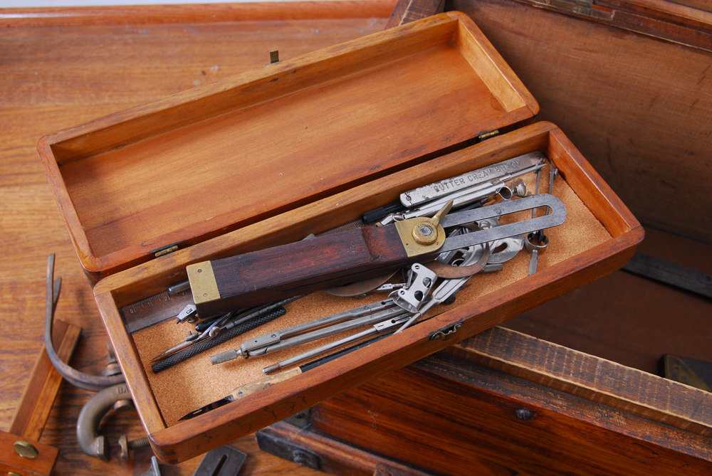 Wood Chest with Antique Drafting Tools