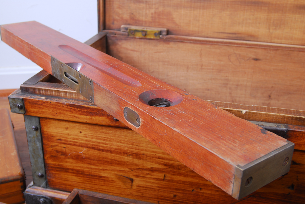 Wood Chest with Antique Drafting Tools