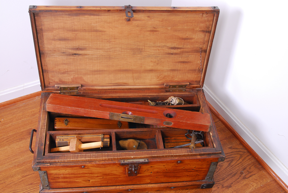 Wood Chest with Antique Drafting Tools