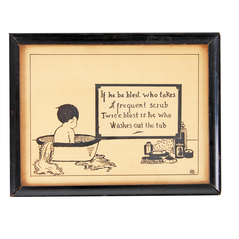 Vintage Ink Drawing of Boy in Tub