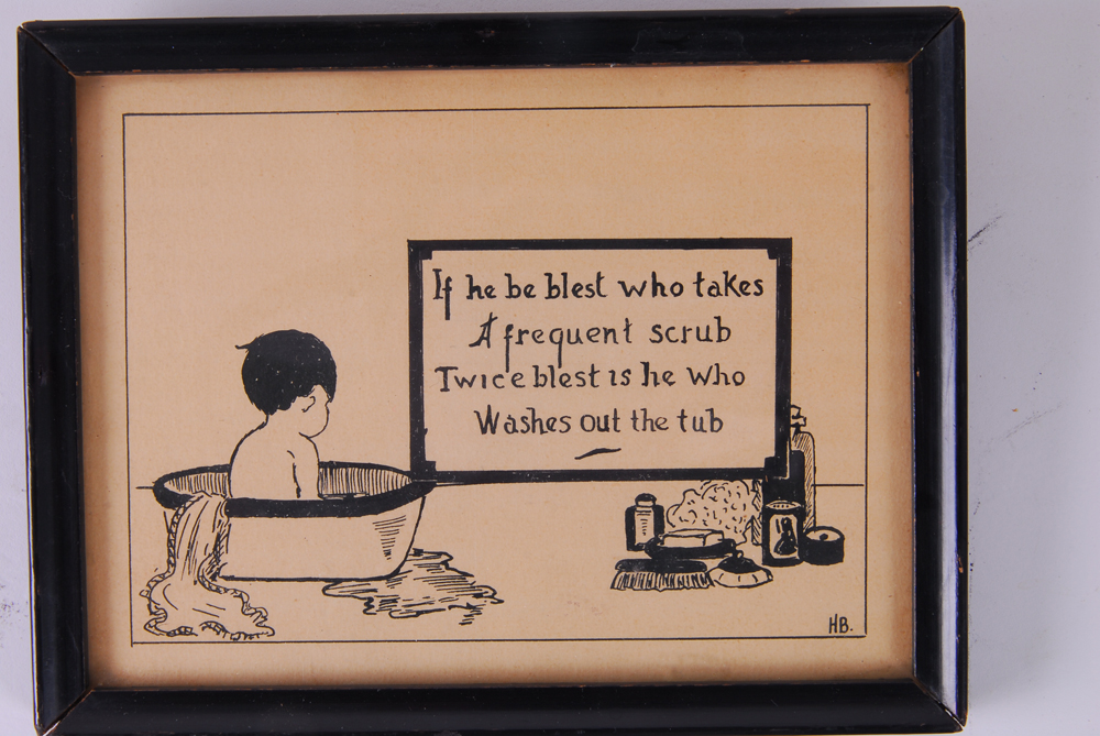 Vintage Ink Drawing of Boy in Tub