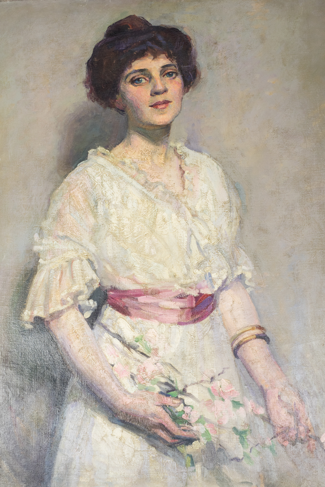 Emily B. Waite Portrait of a Woman in White Dress Unstretched Oil on Canvas