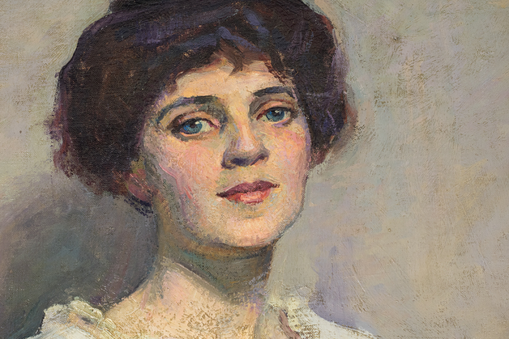 Emily B. Waite Portrait of a Woman in White Dress Unstretched Oil on Canvas