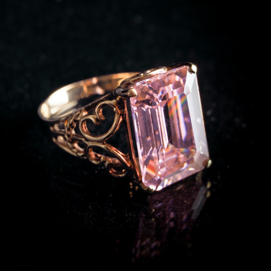 10K Yellow Gold Emerald Cut Pink Cubic Zirconia Cocktail Ring