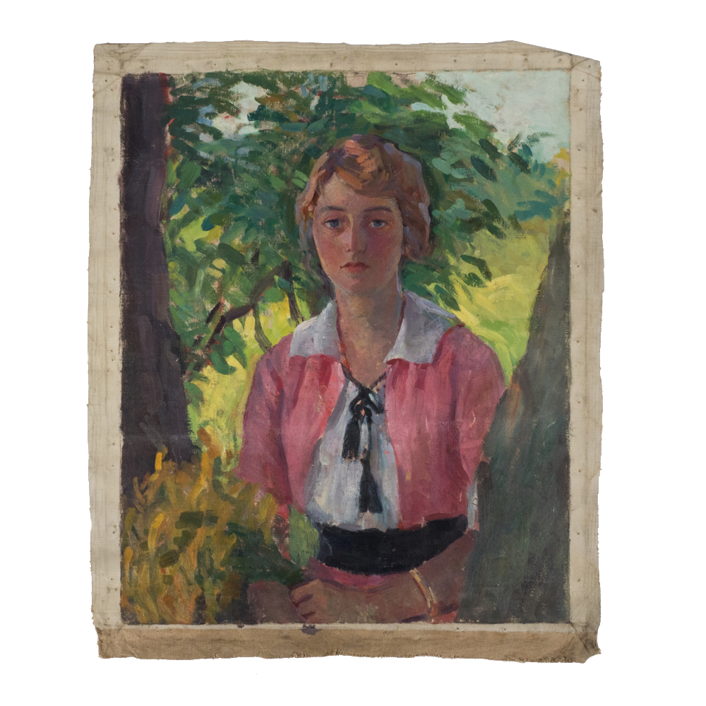 Emily B. Waite Portrait of a Woman in Pink Sweater Unstretched Oil on Canvas