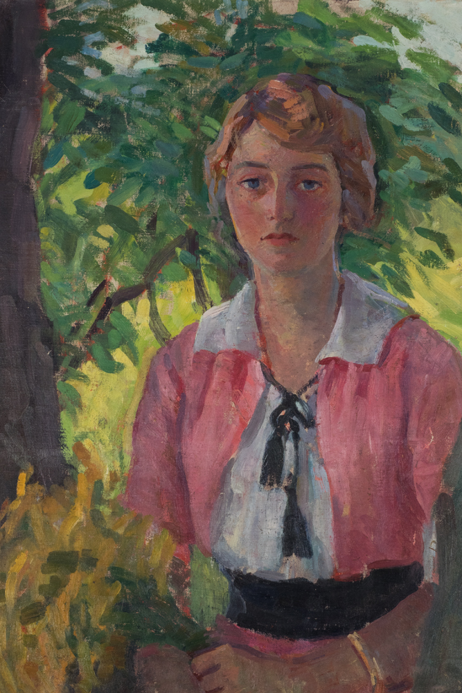 Emily B. Waite Portrait of a Woman in Pink Sweater Unstretched Oil on Canvas