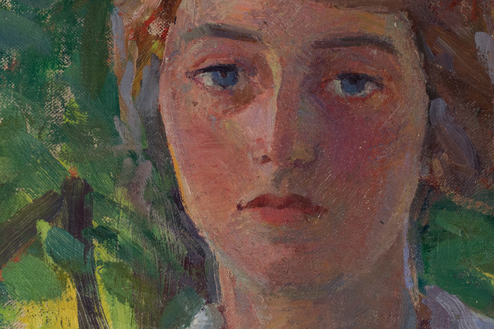 Emily B. Waite Portrait of a Woman in Pink Sweater Unstretched Oil on Canvas