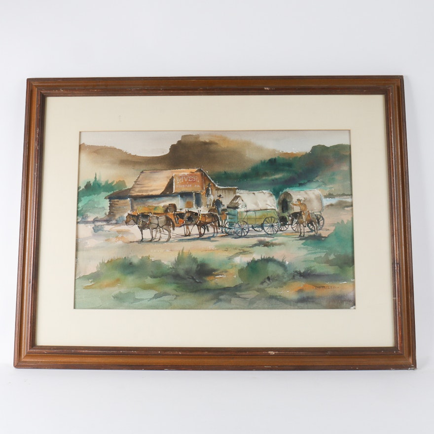Robert Bob DeJulio Watercolor of a Western Landscape with Covered Wagons
