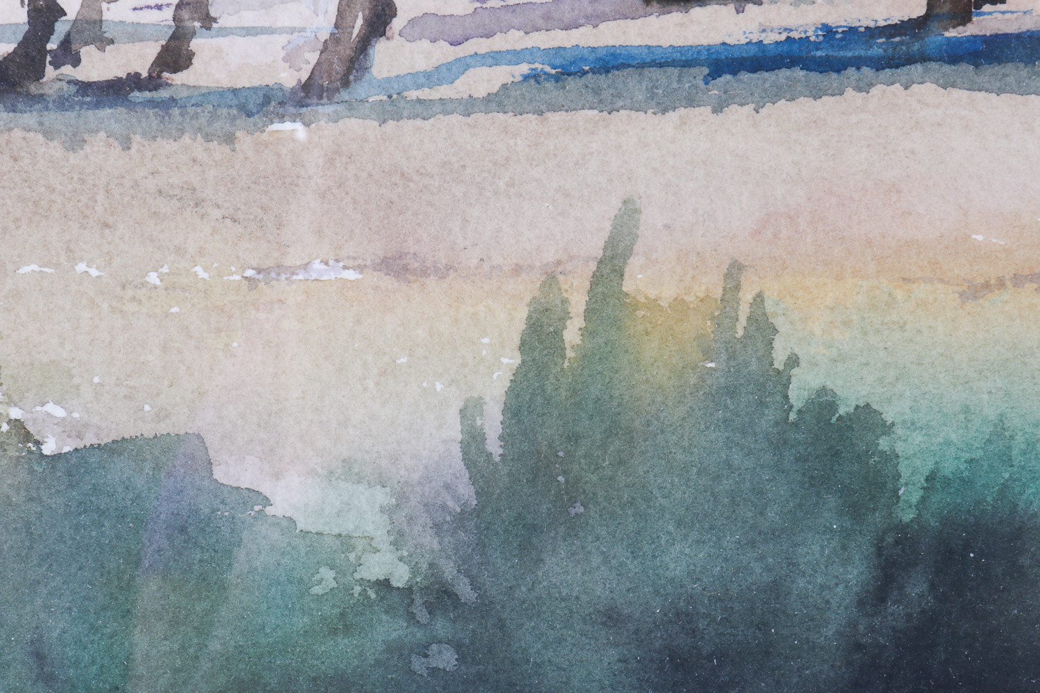 Robert Bob DeJulio Watercolor of a Western Landscape with Covered Wagons