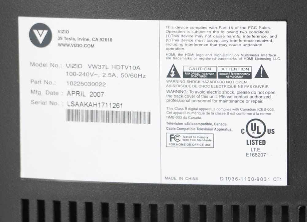 Vizio HDTV 37" Flat Screen Television