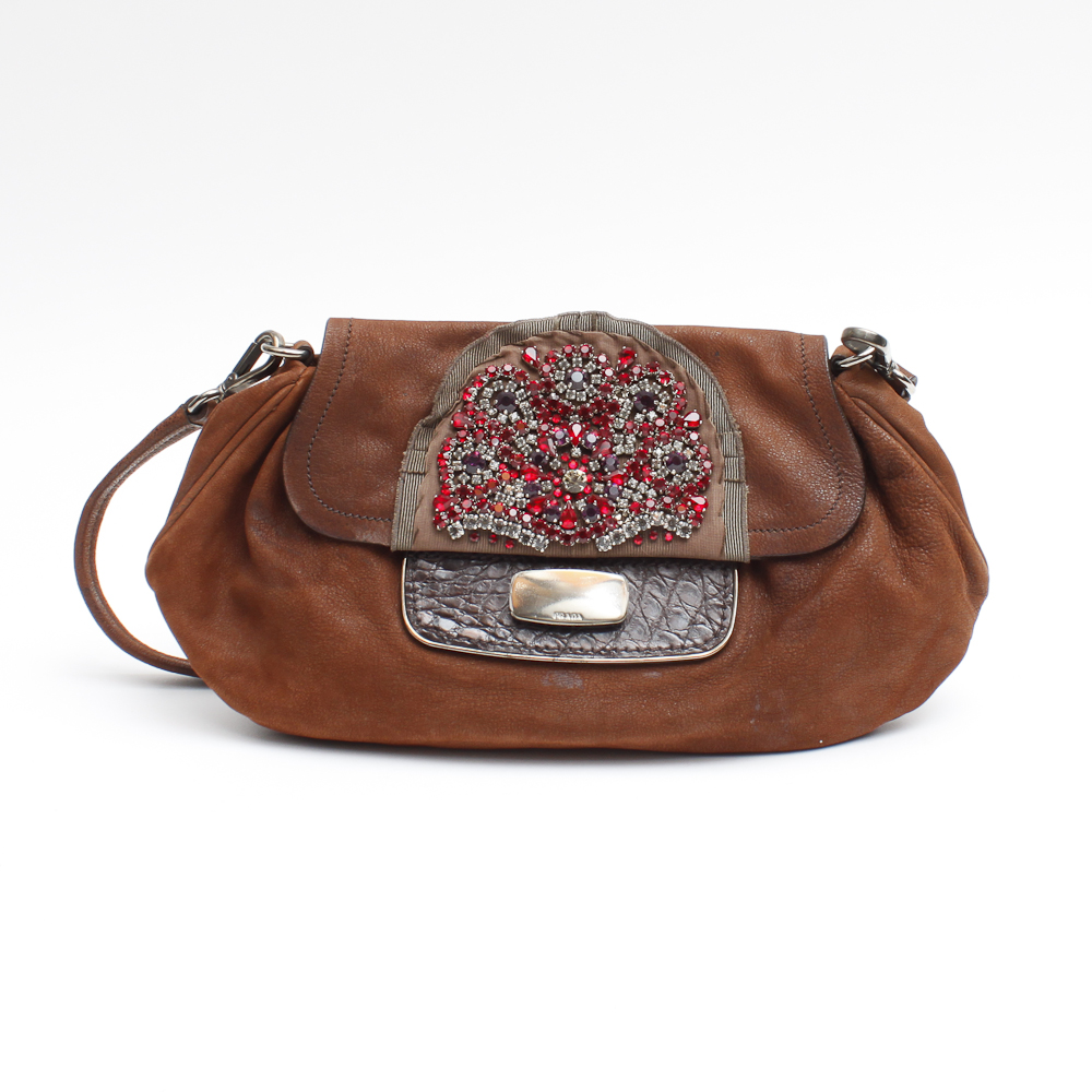 Prada Vintage Rhinestone and Brown Suede Purse