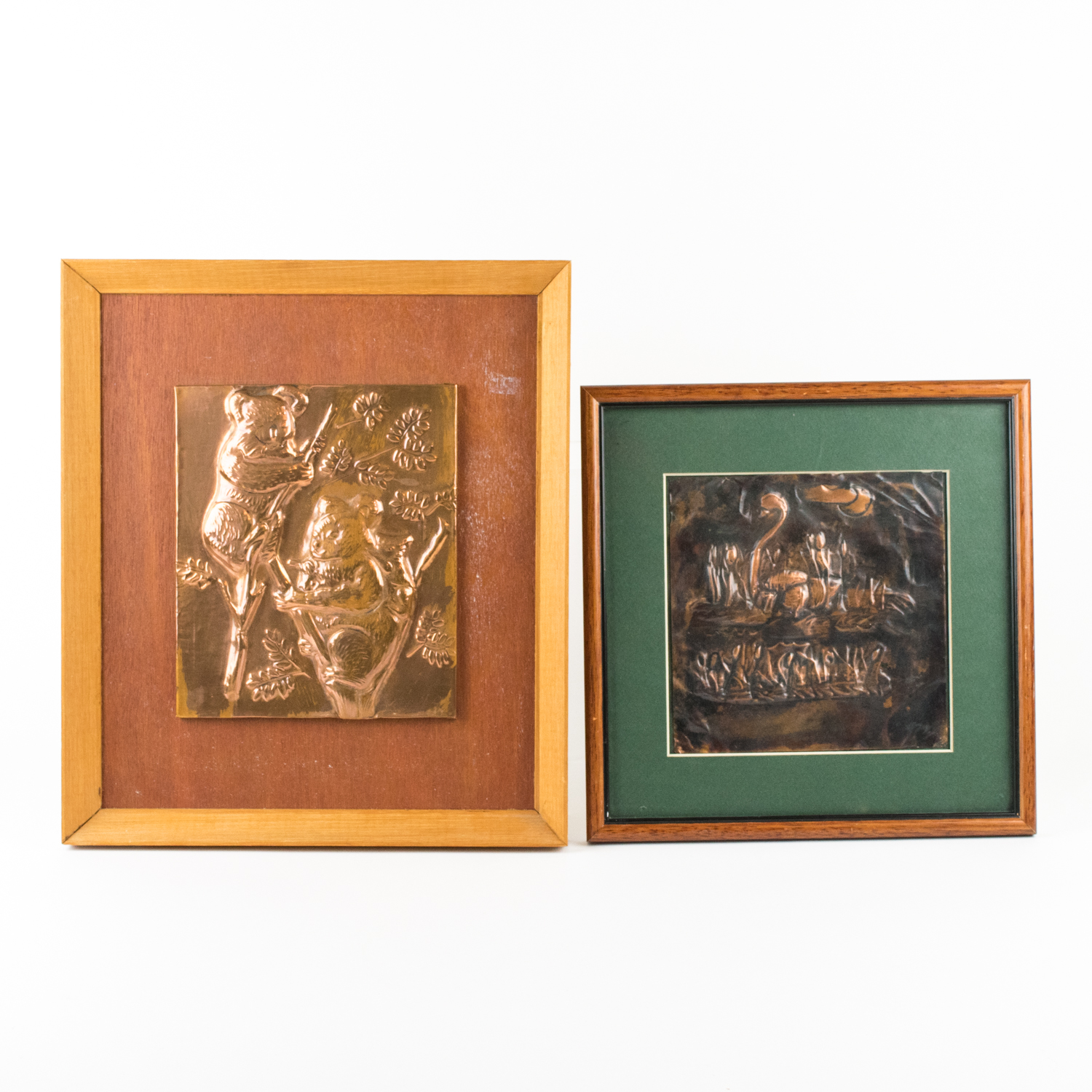 Two Vintage Hammered Copper Framed Wall Hangings