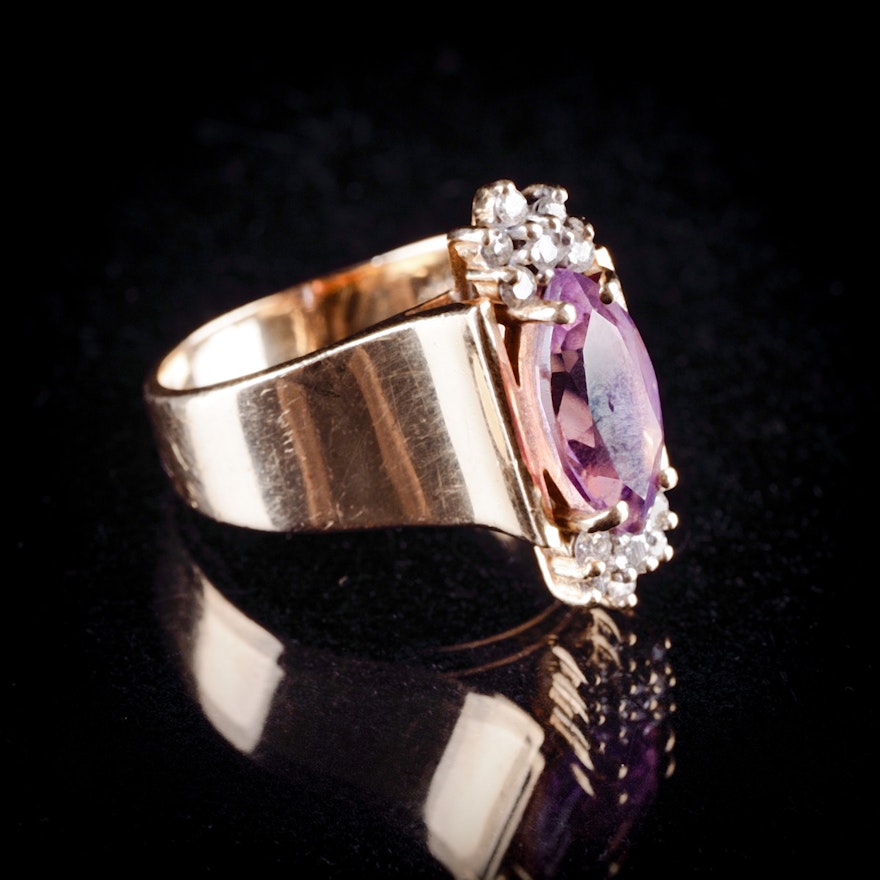 14K Yellow Gold Marquise Amethyst and Diamond Ring