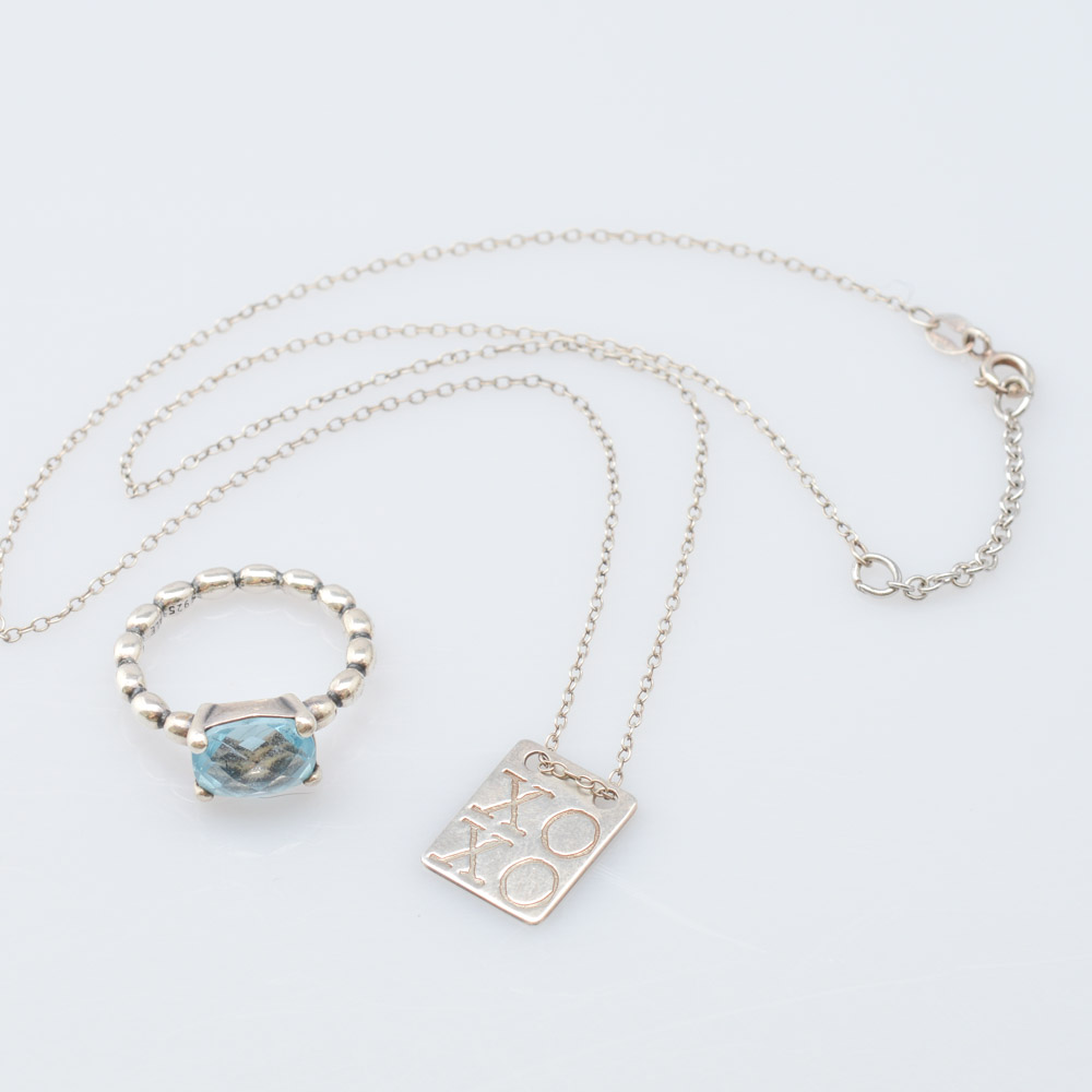 Sterling Silver Blue Topaz Pandora Ring with XOXO Necklace