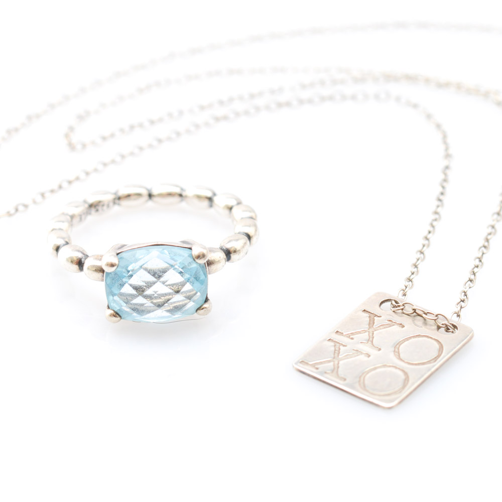Sterling Silver Blue Topaz Pandora Ring with XOXO Necklace