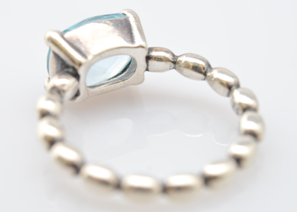 Sterling Silver Blue Topaz Pandora Ring with XOXO Necklace