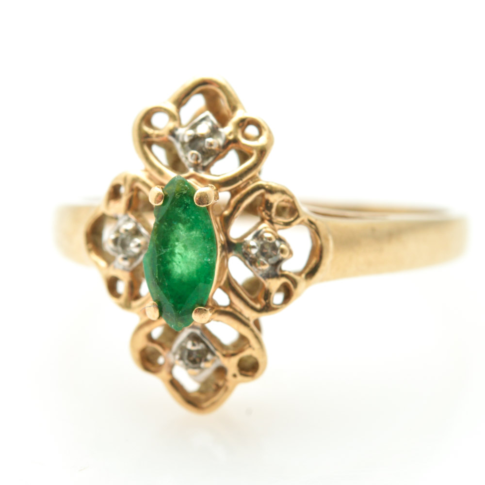 14K Yellow Gold, Diamond, and Emerald Ring