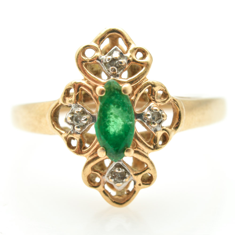 14K Yellow Gold, Diamond, and Emerald Ring
