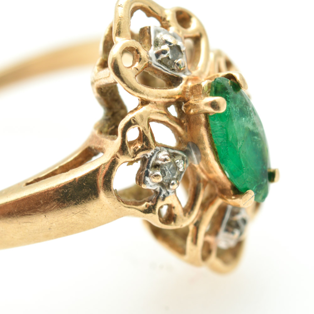 14K Yellow Gold, Diamond, and Emerald Ring