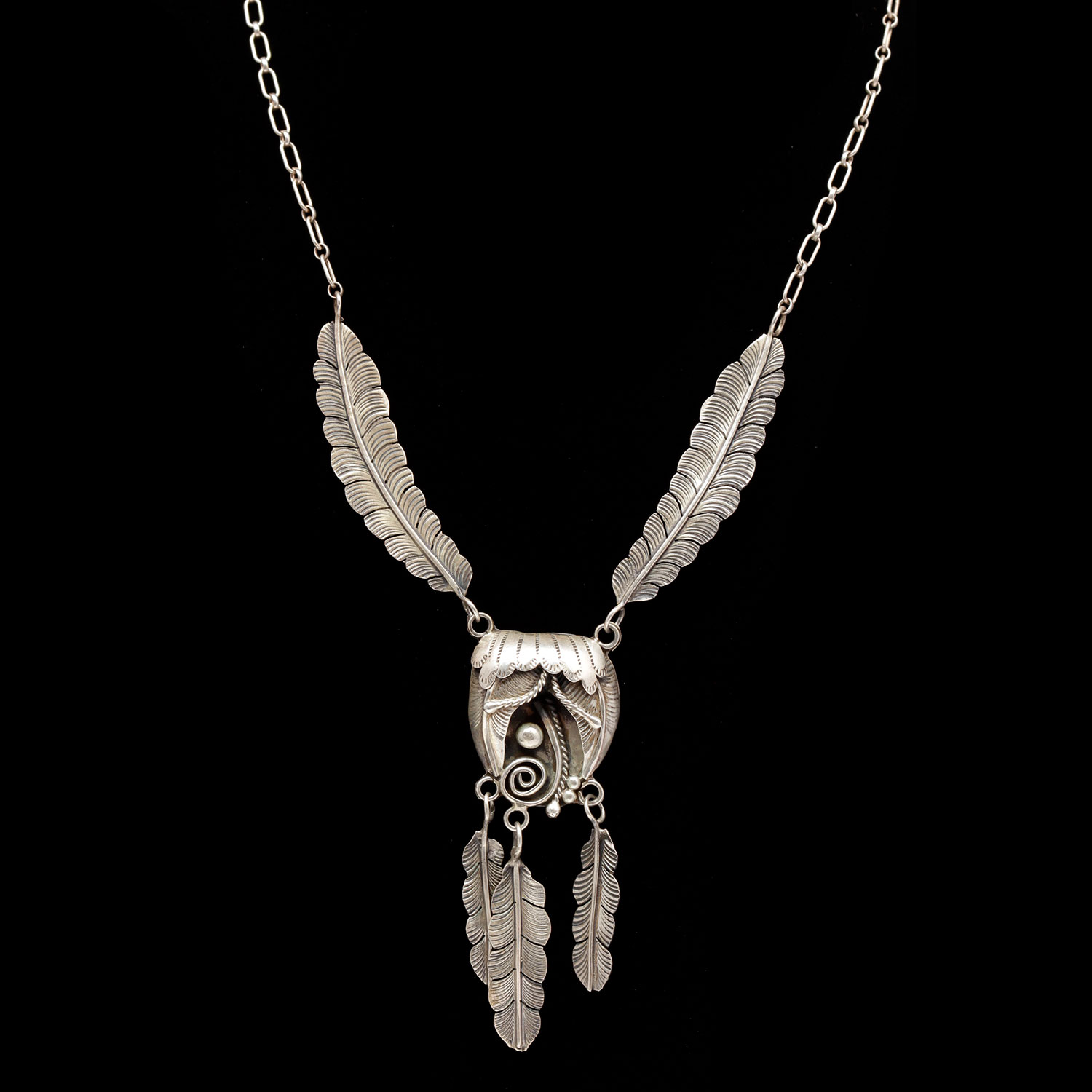 Sterling Silver S.A. Arviso Old Pawn Navajo Feather Necklace