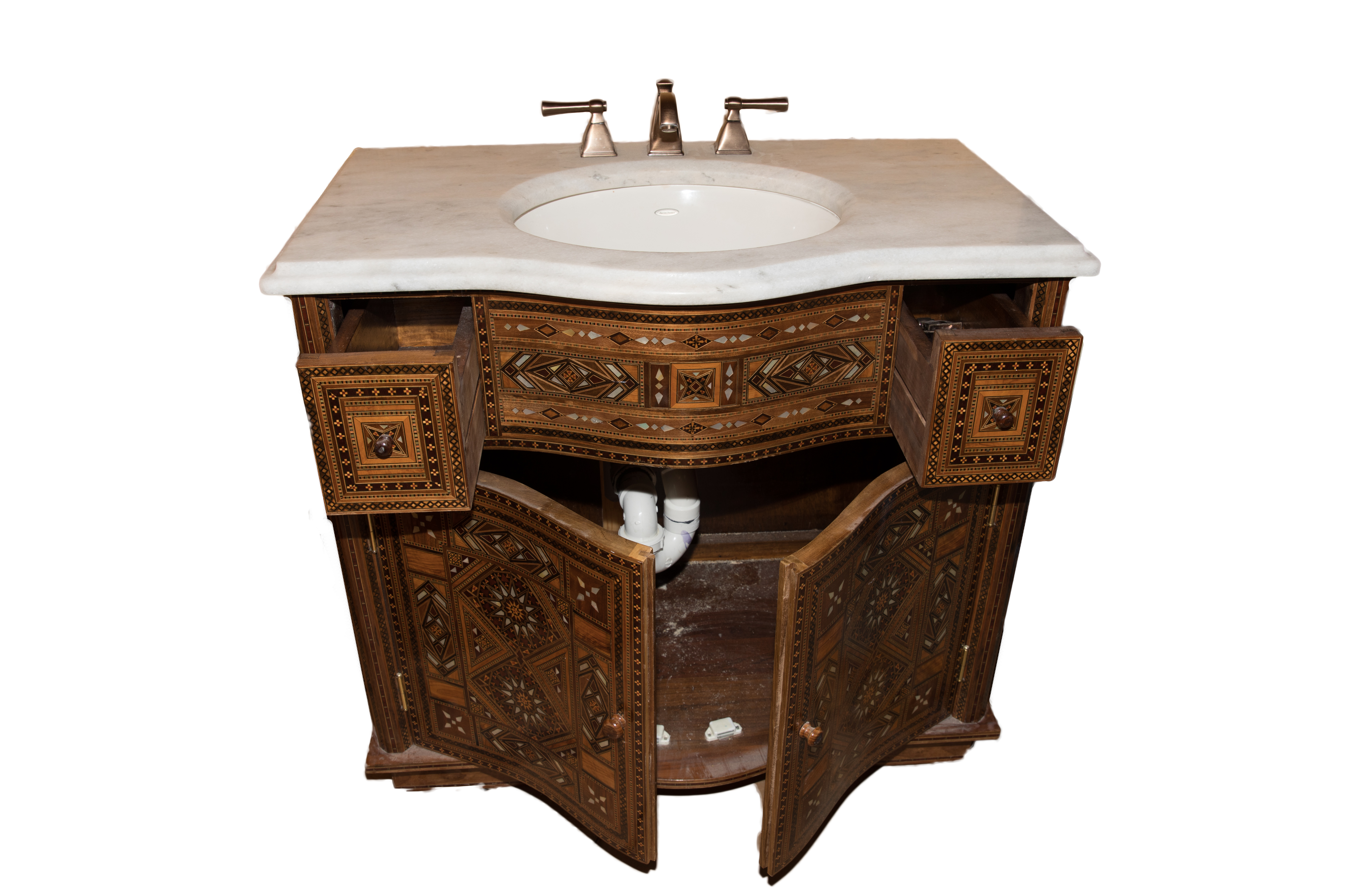 Moroccan Style Marquetry and Marble Vanity with Sink and Faucet
