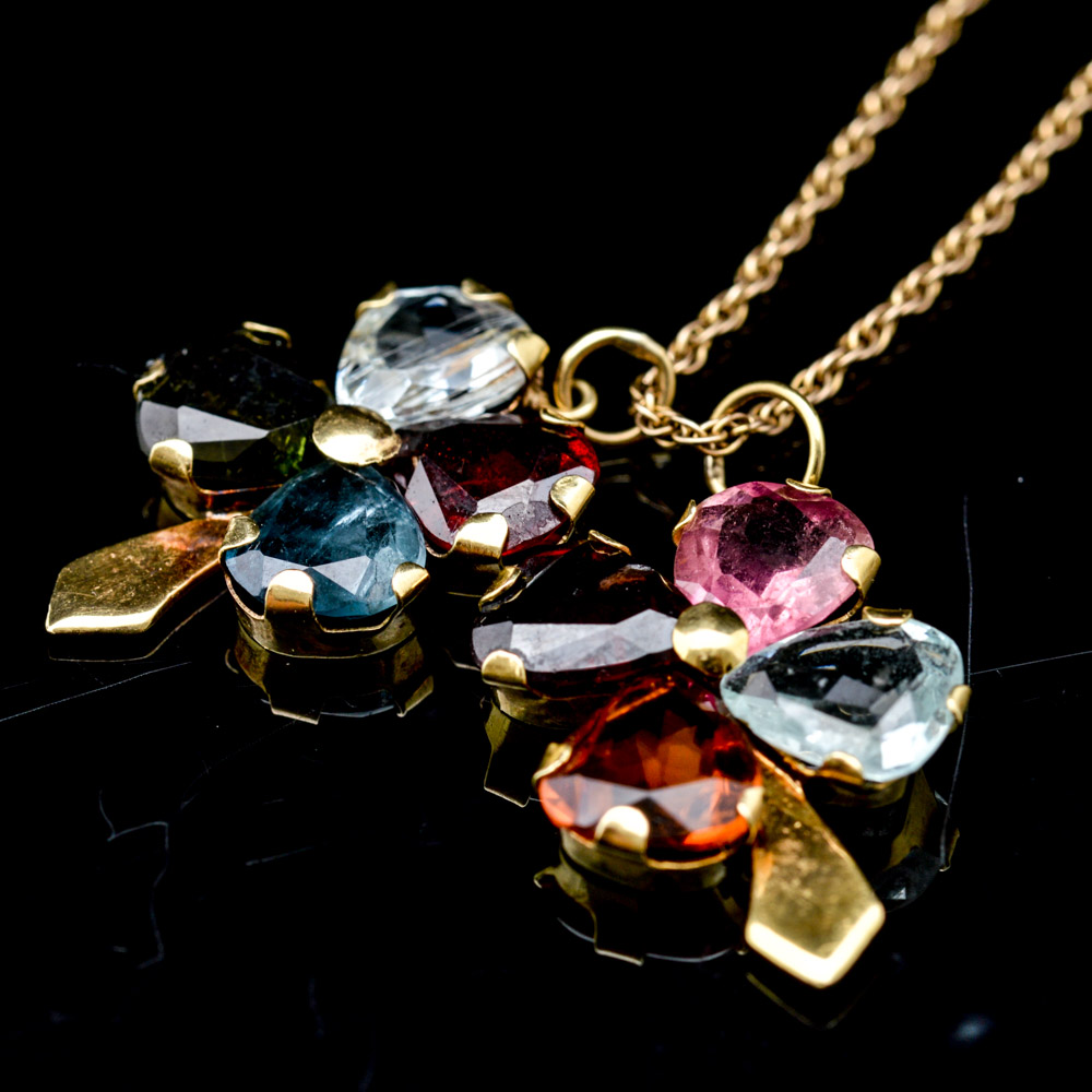 14K Yellow Gold Chain with 18K Yellow Gold Multi-Gemstone Pendants