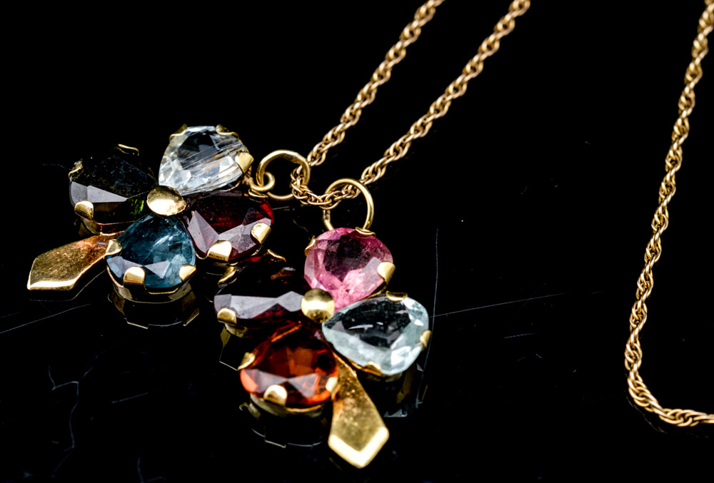 14K Yellow Gold Chain with 18K Yellow Gold Multi-Gemstone Pendants