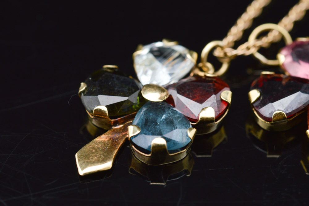 14K Yellow Gold Chain with 18K Yellow Gold Multi-Gemstone Pendants