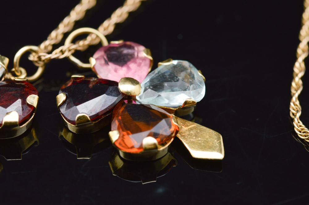 14K Yellow Gold Chain with 18K Yellow Gold Multi-Gemstone Pendants