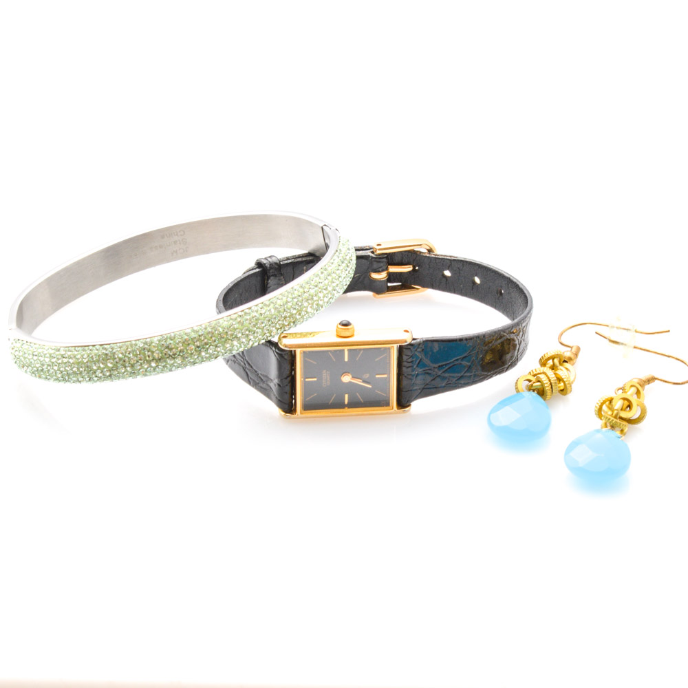 Costume Earrings and Bracelet Featuring Citizen Watch