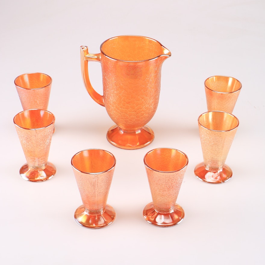 Collection of Carnival Glasss Marigold Pitcher and Goblets