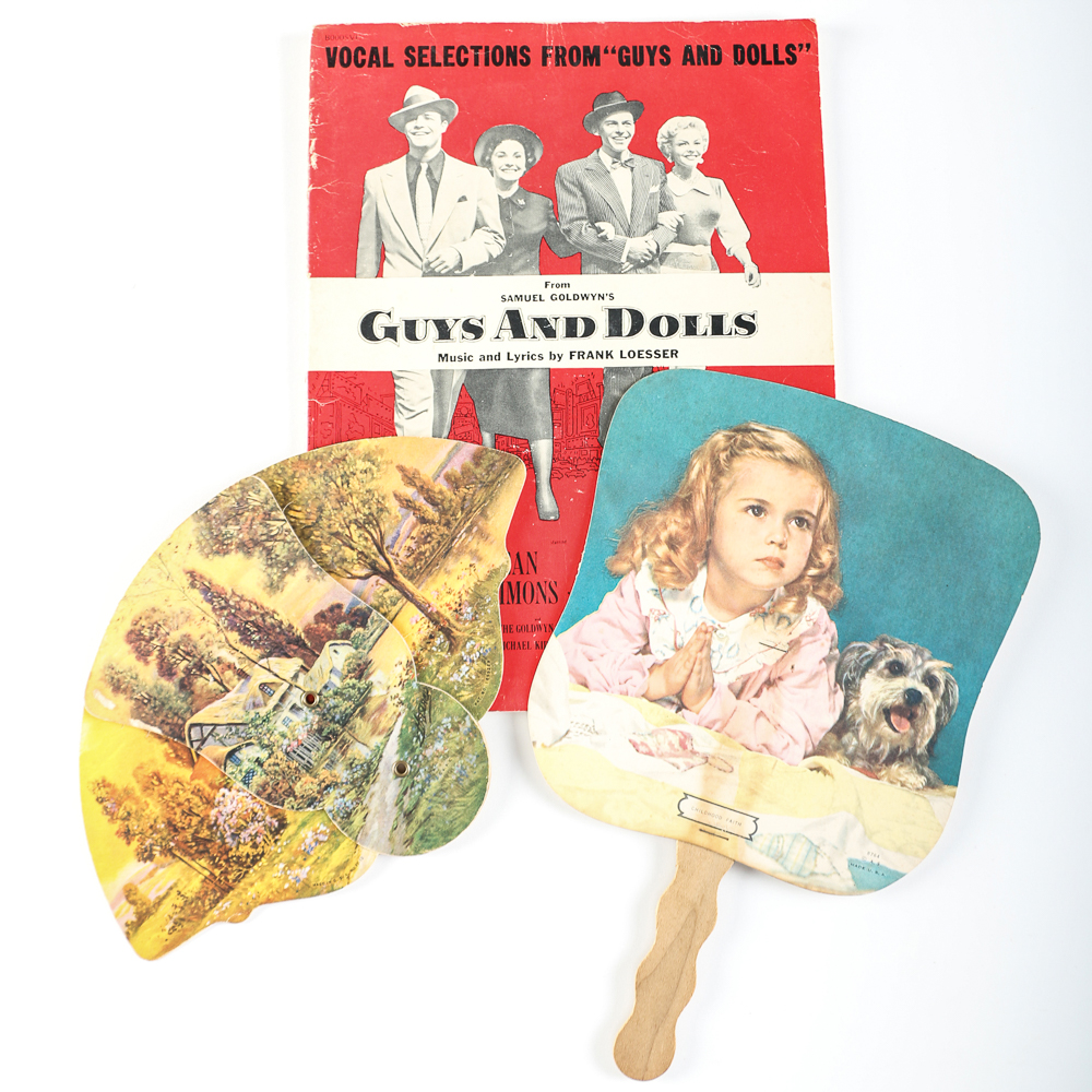 1950s "Guys and Dolls" Sheet Music and Pair of Illustrated Fans