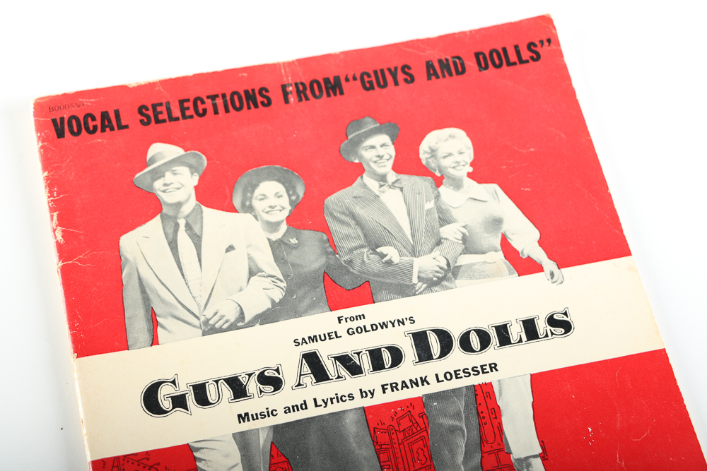 1950s "Guys and Dolls" Sheet Music and Pair of Illustrated Fans