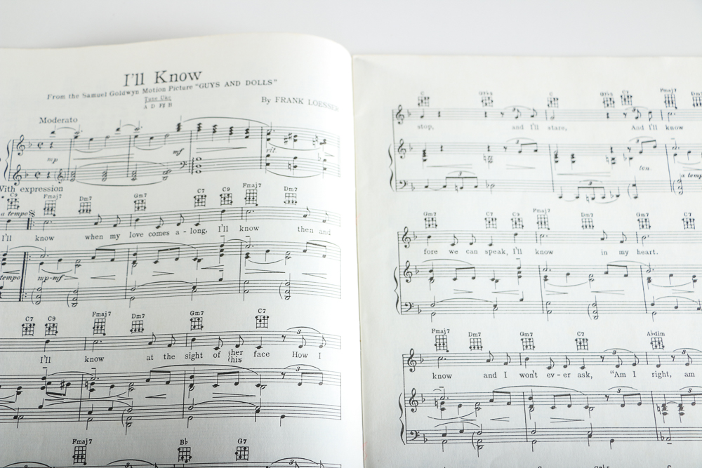 1950s "Guys and Dolls" Sheet Music and Pair of Illustrated Fans