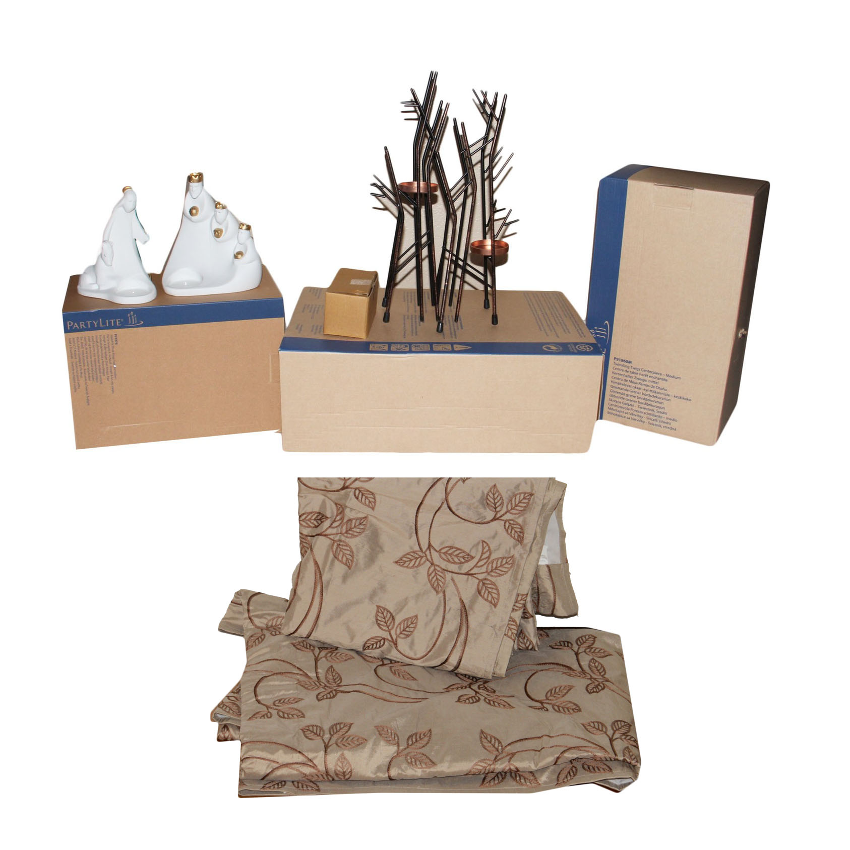 PartyLite Holiday Decor and Beige Silk Curtains