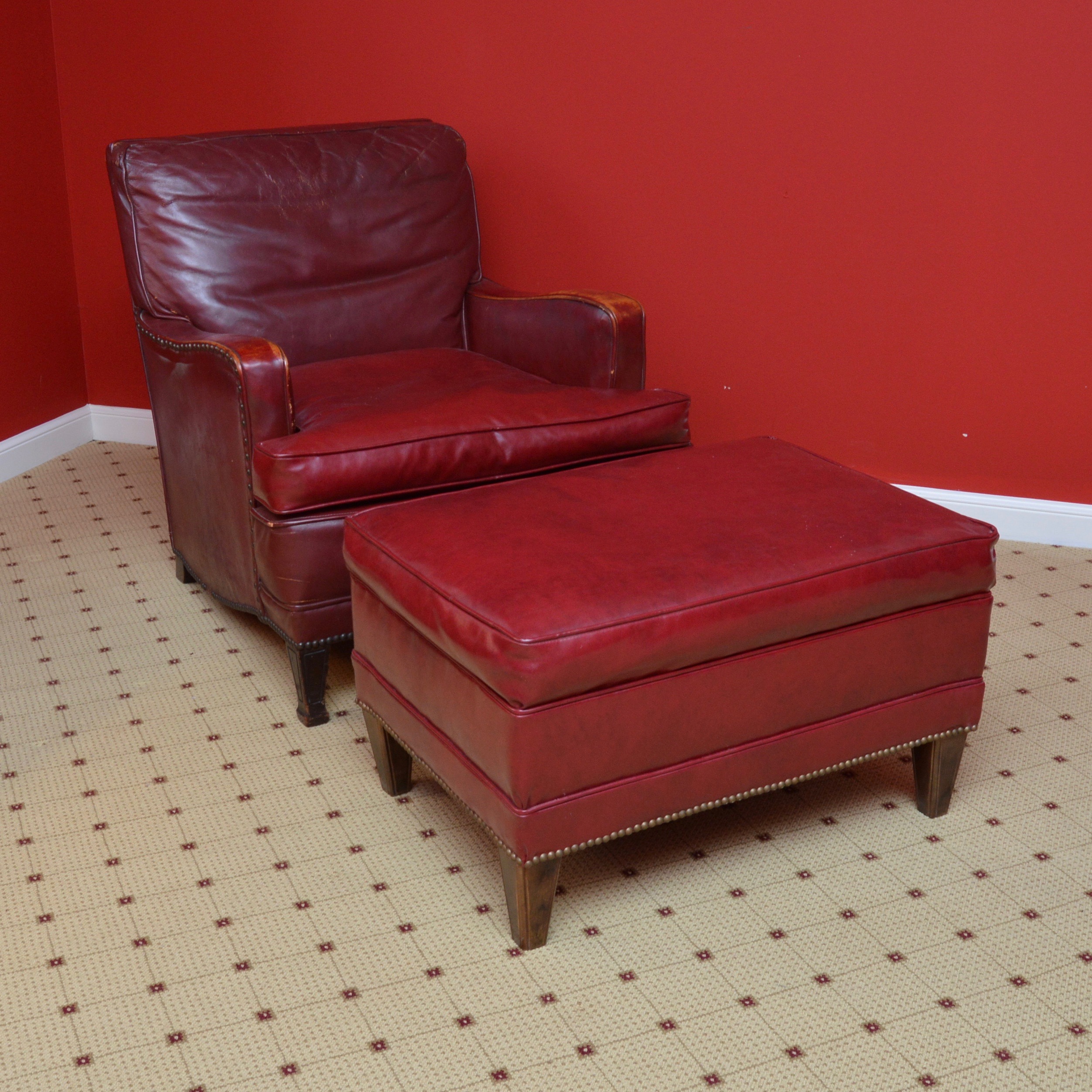 Vintage Red Club Chair and Ottoman