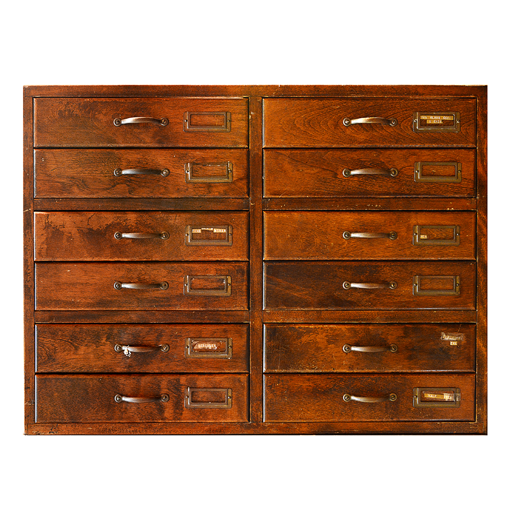 Vintage Twelve-Drawer File Cabinet Section