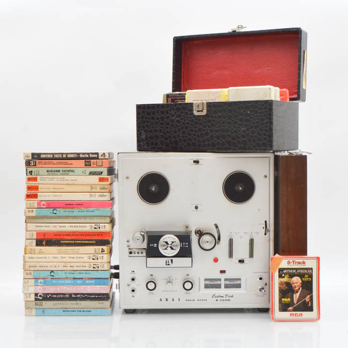 Akai Reel-to-Reel Recorder With Reel and 8-Track Tapes