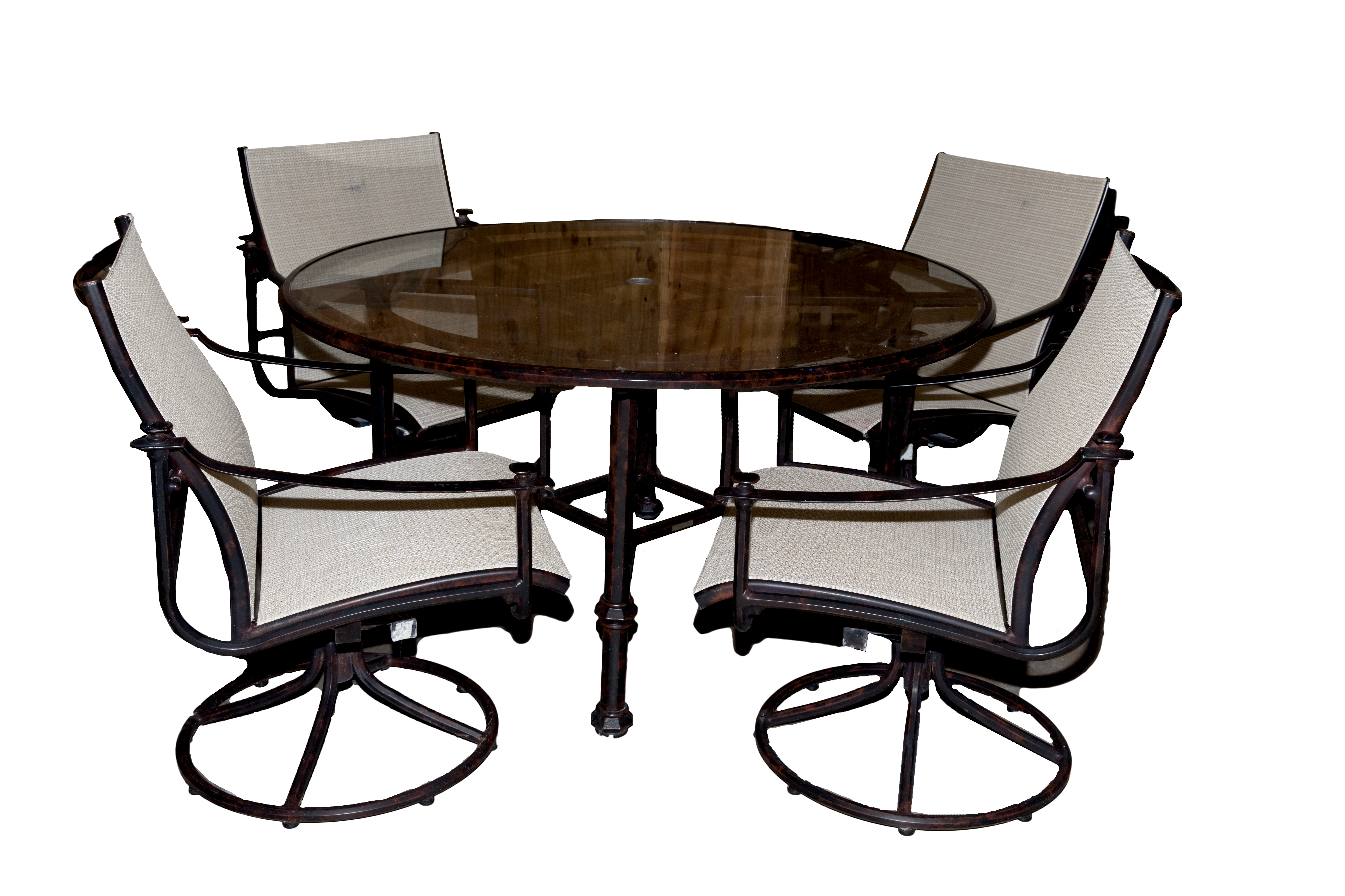 Contemporary "Campaign Sling" Patio Dining Table and Swivel Rockers by Brown Jordan