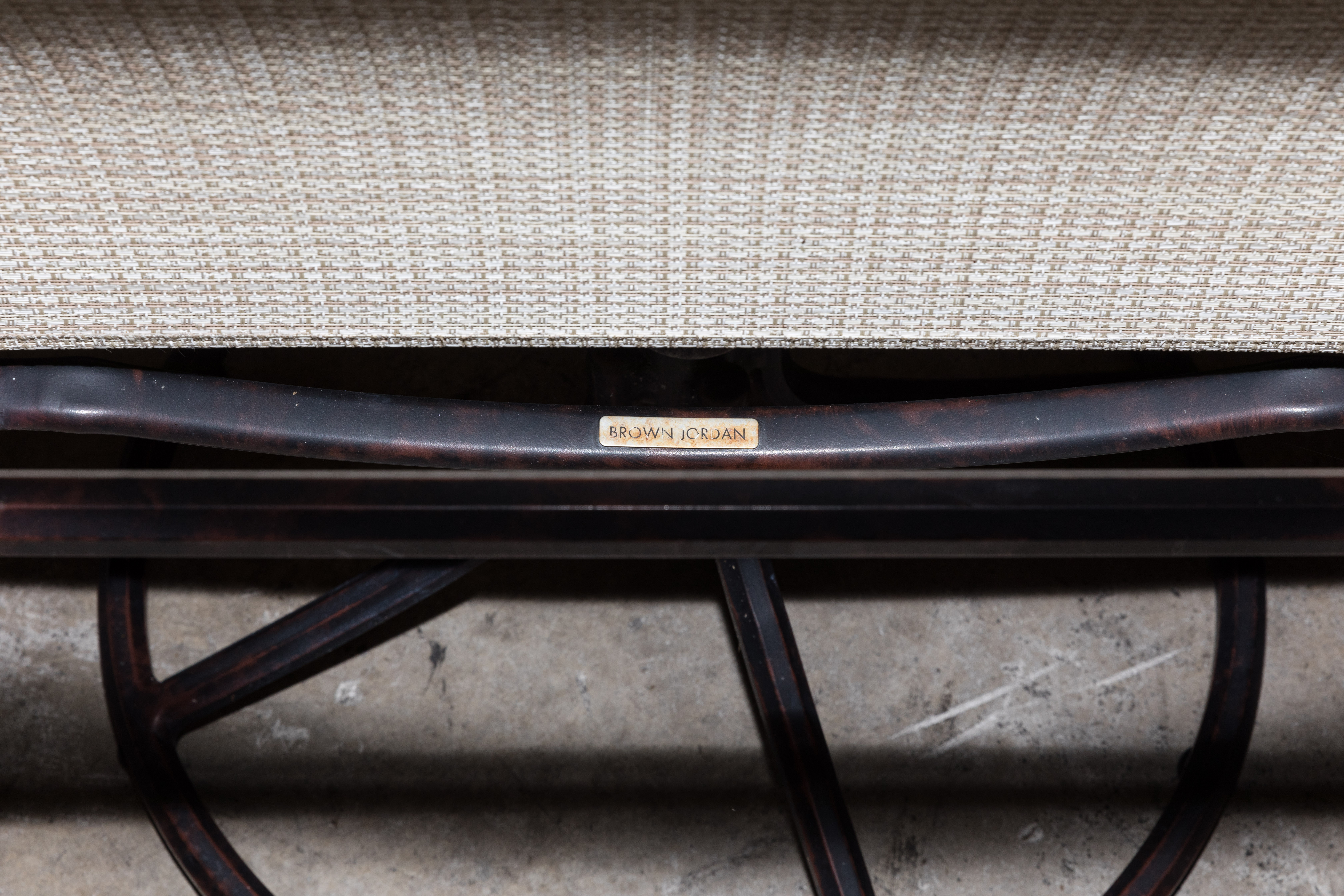 Contemporary "Campaign Sling" Patio Dining Table and Swivel Rockers by Brown Jordan