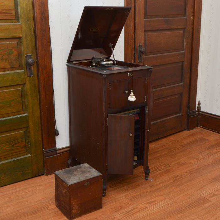 Early Victrola Record Player with Crank and a Box of Antique Albums