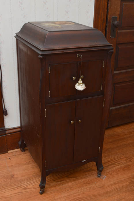 Early Victrola Record Player with Crank and a Box of Antique Albums